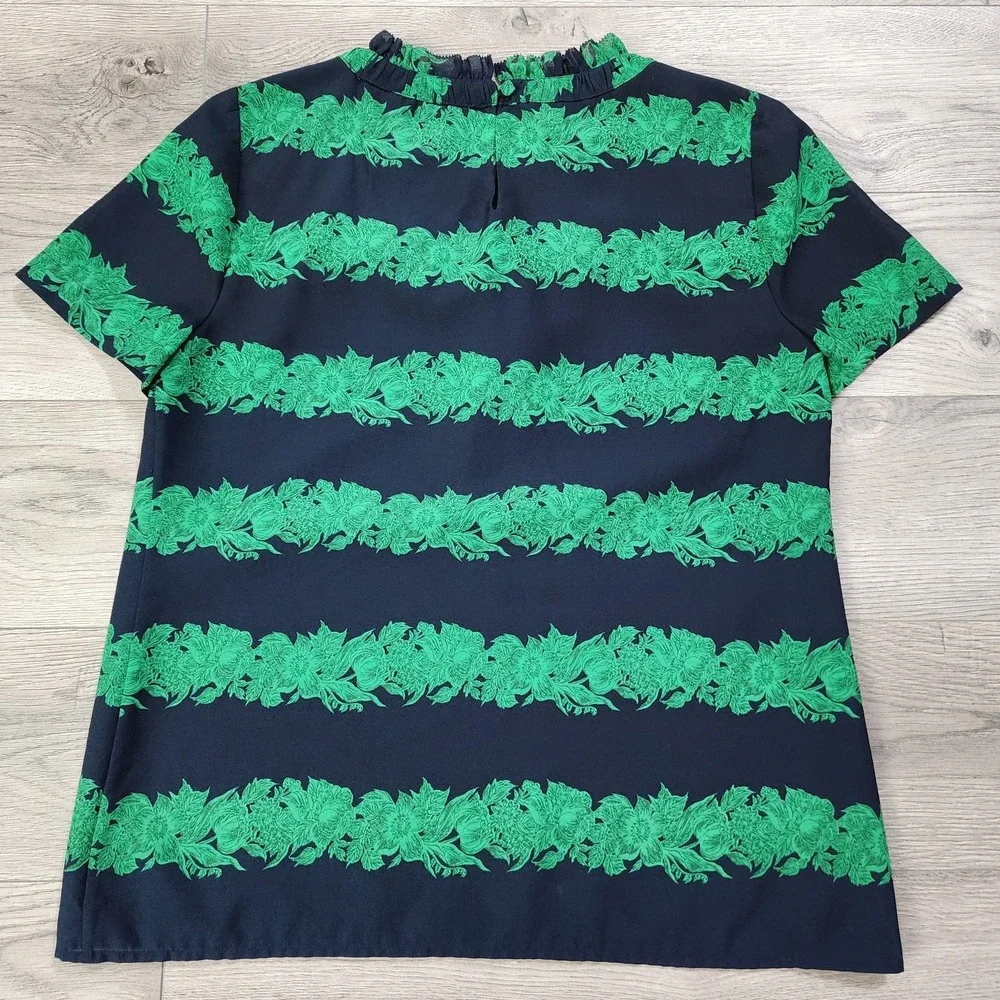 J CREW‎ Women's 6 Meghan Markle Ruffle Beanstalk Stripe High Neck Top Navy Green